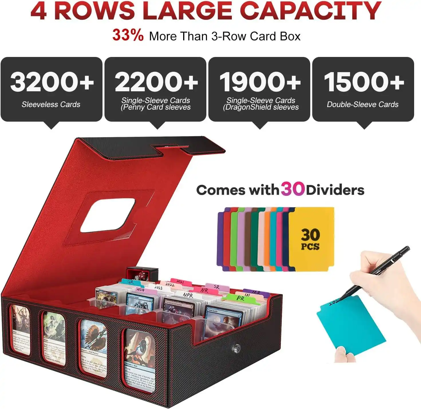 The deckbox stores 100+ double-sleeved cards per case — over 400 cards total